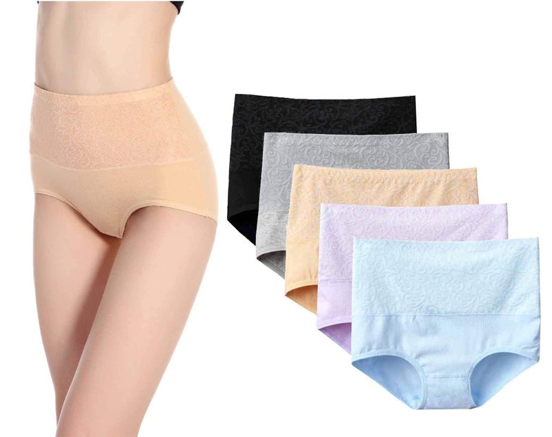 Kinyanco High Waist Tummy Control Panties for Women, Cotton Underwear No Muffin Top Shapewear Brief Panties (5-Pack Light Color, X-Large) - Image 1